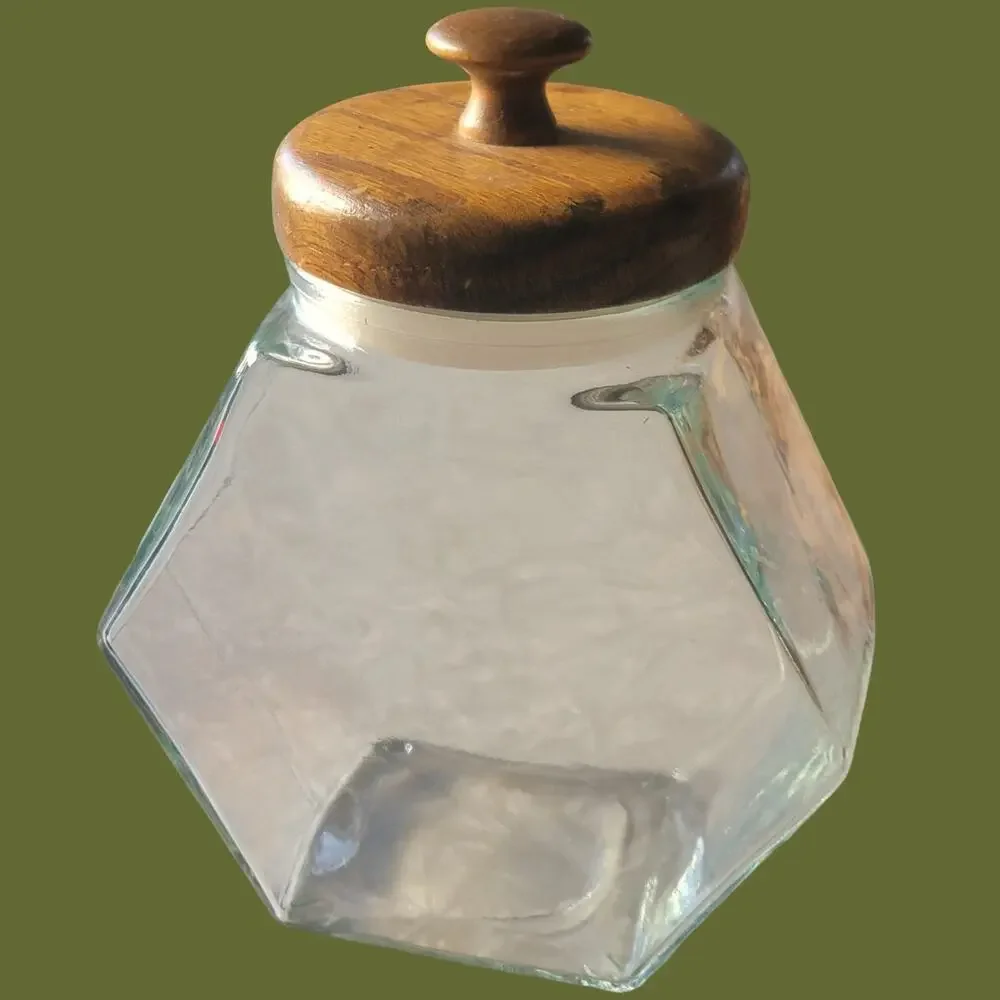 Vintage 1970s Libbey of Canada Hexagon Glass Storage Jar with Wood Lid